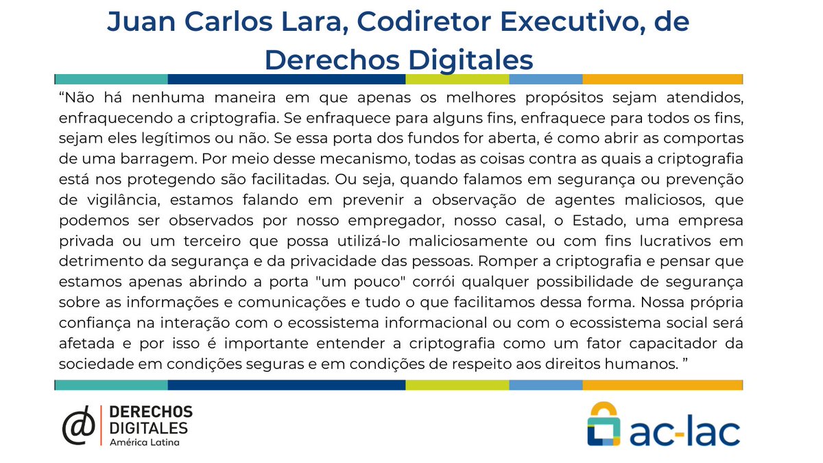 aclac_alianza's tweet photo. #ACLAClive Cara a Cara:
"...é importante entender a #criptografia como um fator capacitador da sociedade em condições de segurança e de respeito aos direitos humanos.” explica Juan Carlos Lara @derechosdigital 
Veja a participação completa, aqui👇
https://t.co/IyidFwALvU https://t.co/2LxJrZCmdl