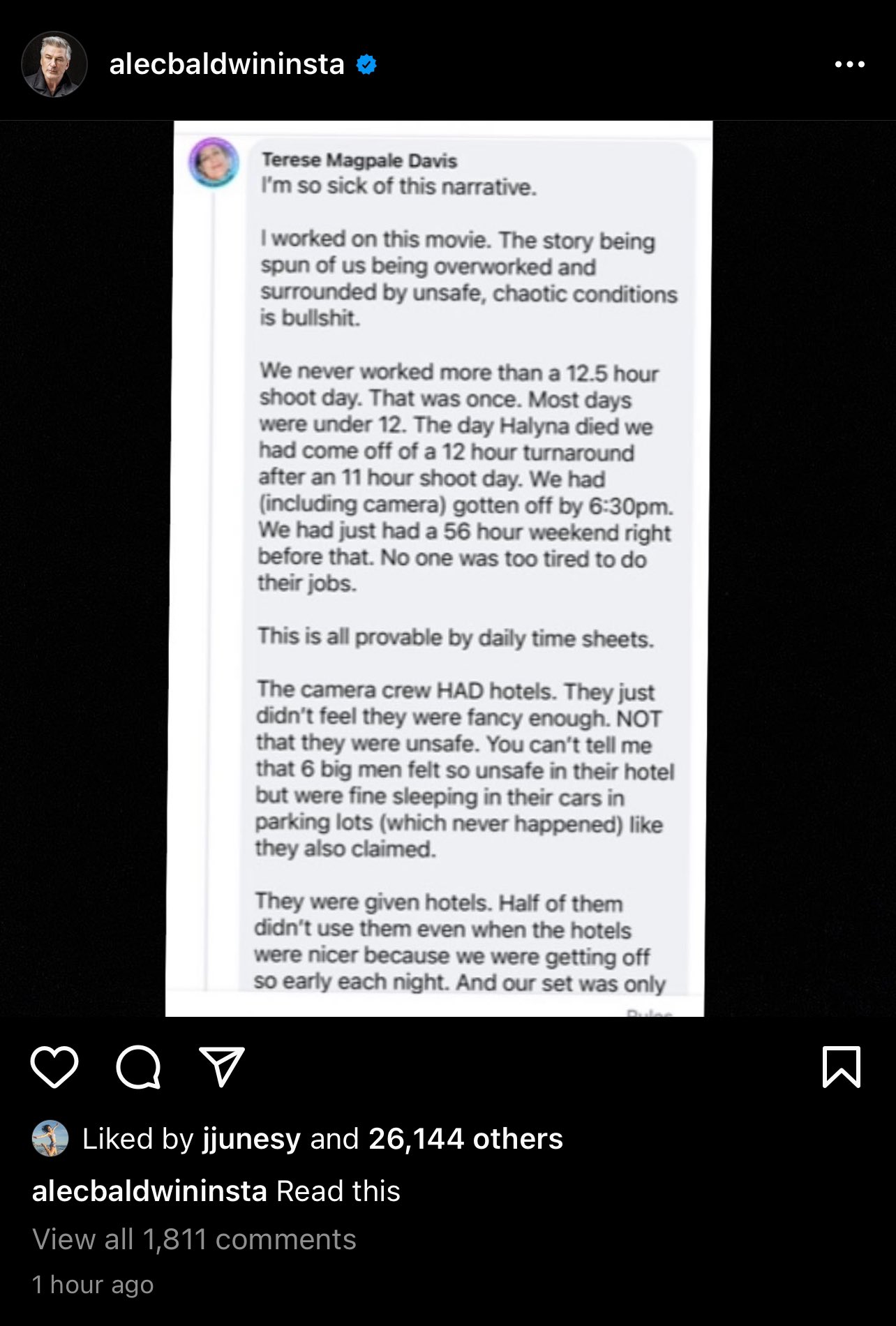 Geoff Pilkington on Twitter: "Alec Baldwin just reposted on Instagram costume  designer Terese Magpale Davis' October 30 Facebook defense of the making of  “Rust”. In the post she writes that recent claims