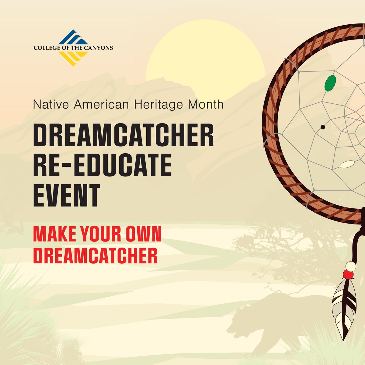 canyons's tweet image. DreamCatcher Re-Educate Event next Tuesday. Make your own dreamcatcher (limited supply) &amp;amp; learn about the history behind this symbol in honor of Native American Heritage Month. Supported by COC ASG and COC Native American &amp;amp; Indigenous Alliance.