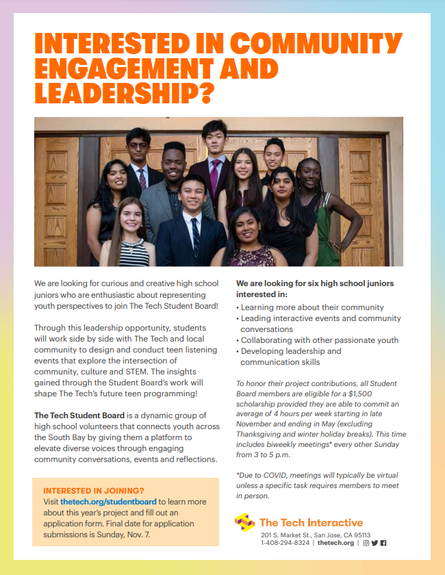 TheTechInteract's tweet photo. 📢Local high school juniors:

Join The Tech Student Board, which connects youth across the South Bay by giving them a platform to elevate community voices and rally against the most pressing issues of our time.

Apply by 11/7 at https://t.co/G38MeY7u5c https://t.co/rEbFQPyU09