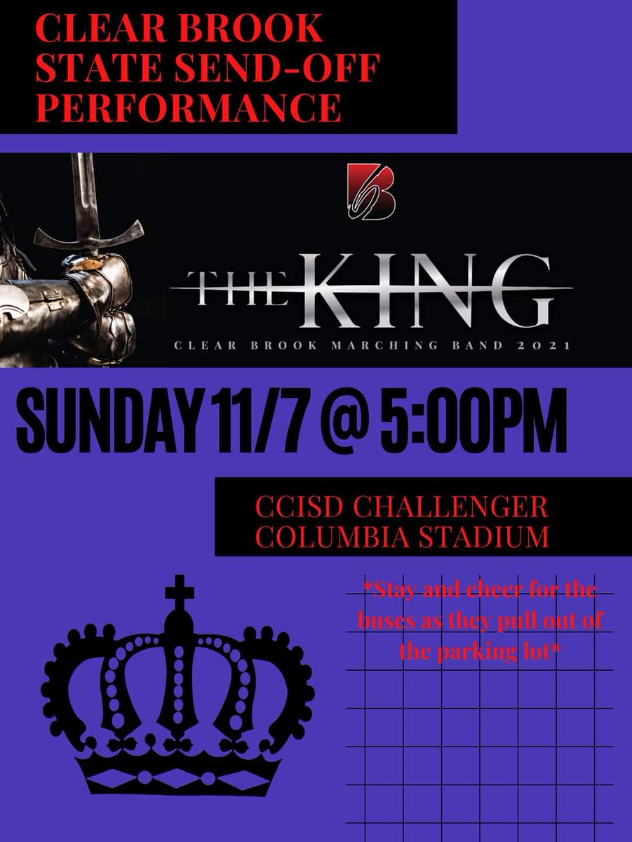 Calling all Westbrook families! Come on by and cheer on the Clear Brook HS band before State! <a href="/WBI_Timberwolf/">WBI</a> <a href="/CCISD_VPA/">CCISD VPA</a>