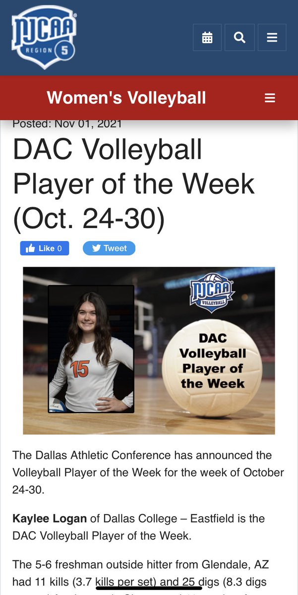 Congratulations to Dallas College Eastfield Volleyball outside hitter, Kaylee Logan on earning the Dallas Athletic Conference Player of the week!! #efcvolleyball