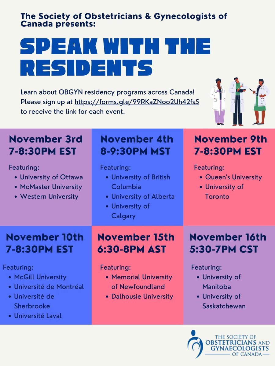 SManning709's tweet photo. Interested in learning about Canadian ObGyn Residency? @SOGCorg Resident Committee presents “Speak with the Residents”! Sign up at https://t.co/l4wMhjjP0x #CaRMS2022 #ObGyn https://t.co/mcppT45Q77