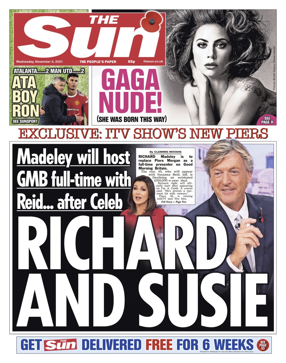 TheSun's tweet photo. Tomorrow's front page: Richard Madeley is to replace Piers Morgan as a full-time presenter on Good Morning Britain https://t.co/Xkj6zT2r2h https://t.co/707eZCKuzf