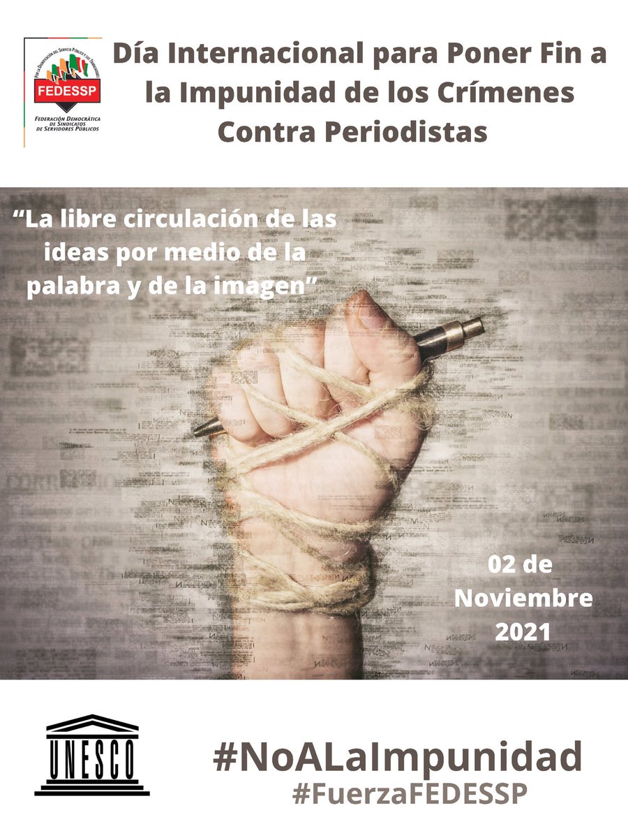 RogerPrezHernn2's tweet photo. Los pueblos libres y democráticos dependen de que los periodistas hagan su trabajo. Toda
amenaza contra los periodistas amenaza la libertad. #02DeNov Día Internacional para Poner #FinALaImpunidad de los Crímenes Contra Periodistas. https://t.co/l9KJEPqLW6