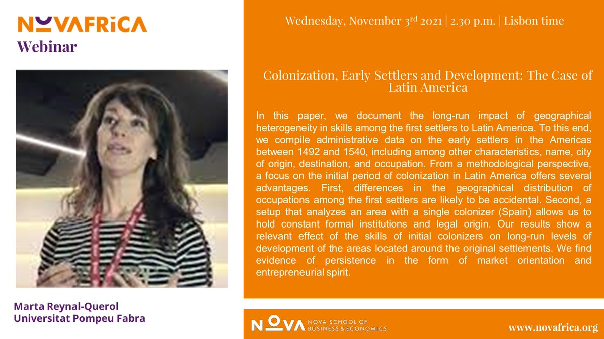 novafrica's tweet photo. @novafrica welcomes Marta Reynal-Querol from @UPFBarcelona for tomorrow's #Webinar.
Join us on November 3 at 2:30pm, Lisbon time, for a webinar on Colonization, The Case of Latin America.
Register: https://t.co/C0DU12njbR
Webinars: https://t.co/3pG7mi8mP5
@NovaSBE
#EconTwitte https://t.co/NC9bZM0hRI