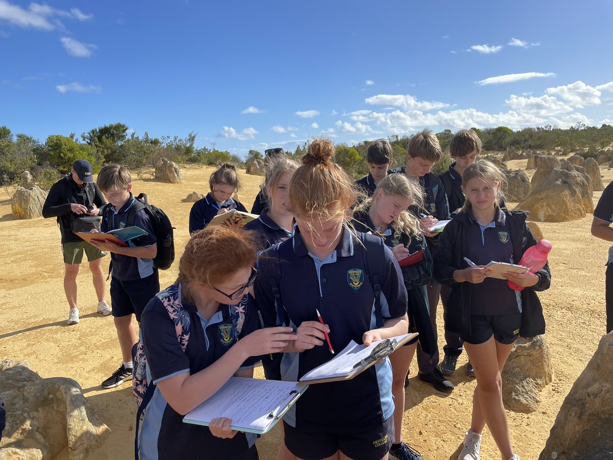 CoRELearnGrow's tweet photo. First day for the @MerredinTDS #CoRE students on their #TurquoiseBay #fieldtrip. After a bit of some #rockcycle revision in #Toodyay with some very ancient rocks, the #pinnaclesdesert never ceases to amaze, scientifically presenting data, to tell its story #therealclassroom https://t.co/EzpiaTyMT1