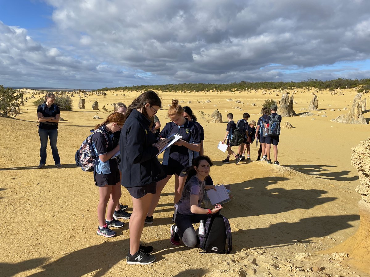 CoRELearnGrow's tweet photo. First day for the @MerredinTDS #CoRE students on their #TurquoiseBay #fieldtrip. After a bit of some #rockcycle revision in #Toodyay with some very ancient rocks, the #pinnaclesdesert never ceases to amaze, scientifically presenting data, to tell its story #therealclassroom https://t.co/EzpiaTyMT1