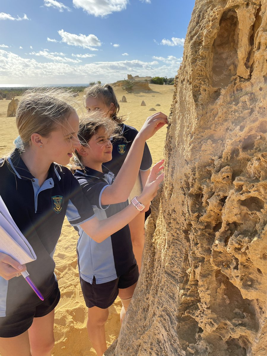 CoRELearnGrow's tweet photo. First day for the @MerredinTDS #CoRE students on their #TurquoiseBay #fieldtrip. After a bit of some #rockcycle revision in #Toodyay with some very ancient rocks, the #pinnaclesdesert never ceases to amaze, scientifically presenting data, to tell its story #therealclassroom https://t.co/EzpiaTyMT1
