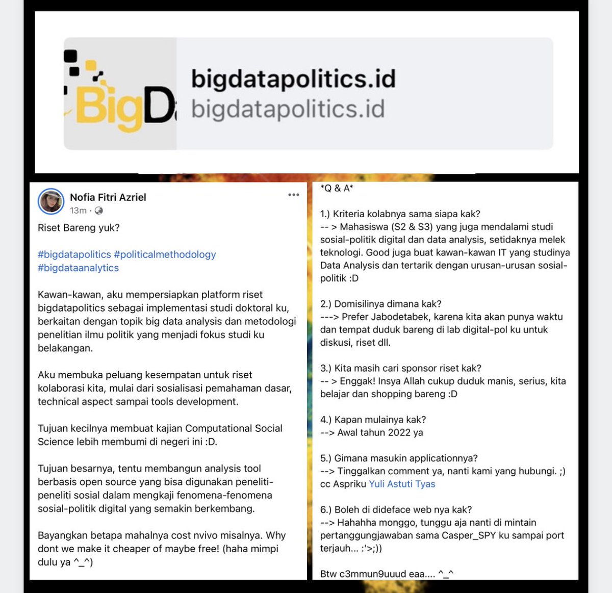 Nofia_Fitri's tweet image. Riset bareng yuk kawan-kawan! ;) infonya disini yaa.. 
Cc @exploiticha 

#Giveaway #risetbareng #bigdatapolitics #bigdata