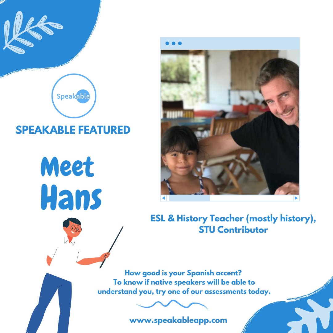 KSpeakableapp's tweet photo. Meet one of the Spanish Teachers Unite Newsletter Contributors.
Hans is an ESL and History Teacher.
Do you want to read more of Han's in Spanish Teachers Unite?
Feel free to browse here:
https://t.co/jj12fDeETZ https://t.co/rOQEZjaDAO