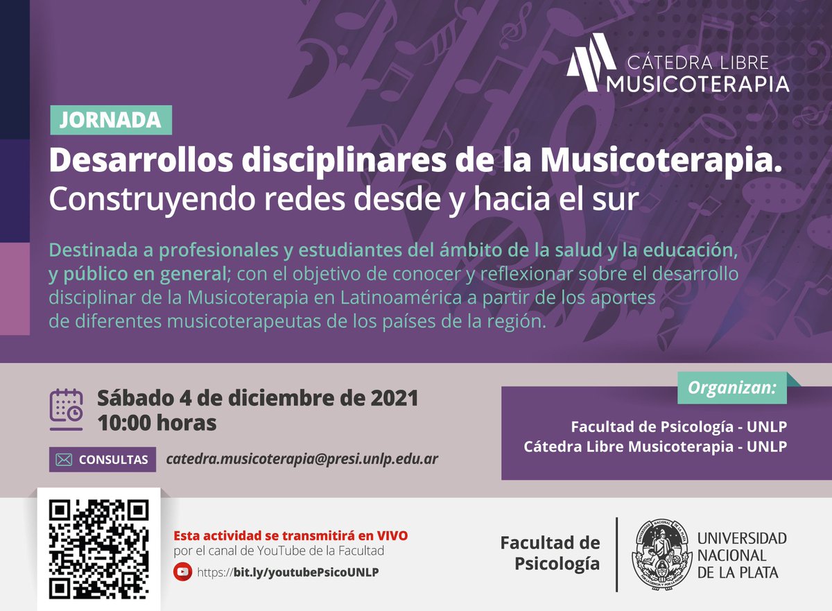 clm_unlp's tweet photo. 🎼 Jornada "Desarrollos disciplinares de la Musicoterapia. Construyendo redes desde y hacia el sur" 🌎 Propuesta de @PsicoUNLP y @clm_unlp 
📆4 de Diciembre, 10 horas. Transmisión en vivo por canal de YouTube de @PsicoUNLP https://t.co/byHszXTYaL
