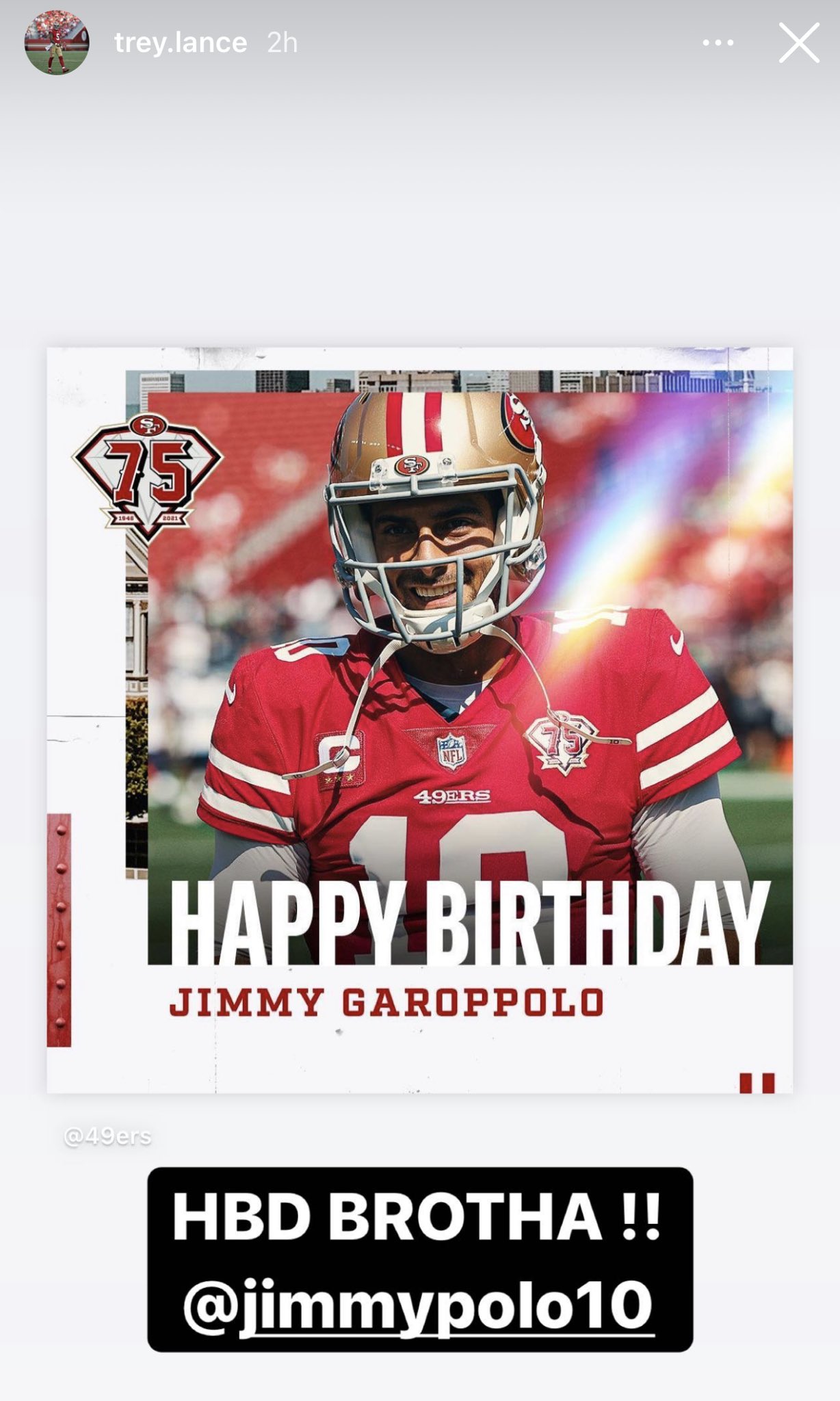 The Trey Lance-to-Jimmy Garoppolo Happy 30th Birthday wish 