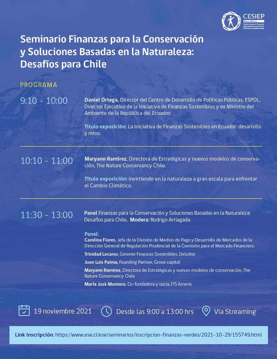 Ya están abiertas las inscripciones para el Seminario “Finanzas para la Conservación y Soluciones Basadas en la Naturaleza: Desafíos para Chile”. La actividad tendrá lugar este 19 de noviembre previa inscripción en el siguiente link. ¡No te lo pierdas! ese.cl/ese/seminarios…