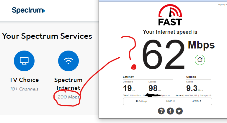 peterlanoie's tweet photo. Continually disappointed by @Ask_Spectrum internet service. I have a router that will handle 600Mbps, a modem that will handle 400. Yet this is what I get of the 200 I pay for. ☹️ Too bad I can't just pay only 31% of the bill. https://t.co/OiEygI6pBt