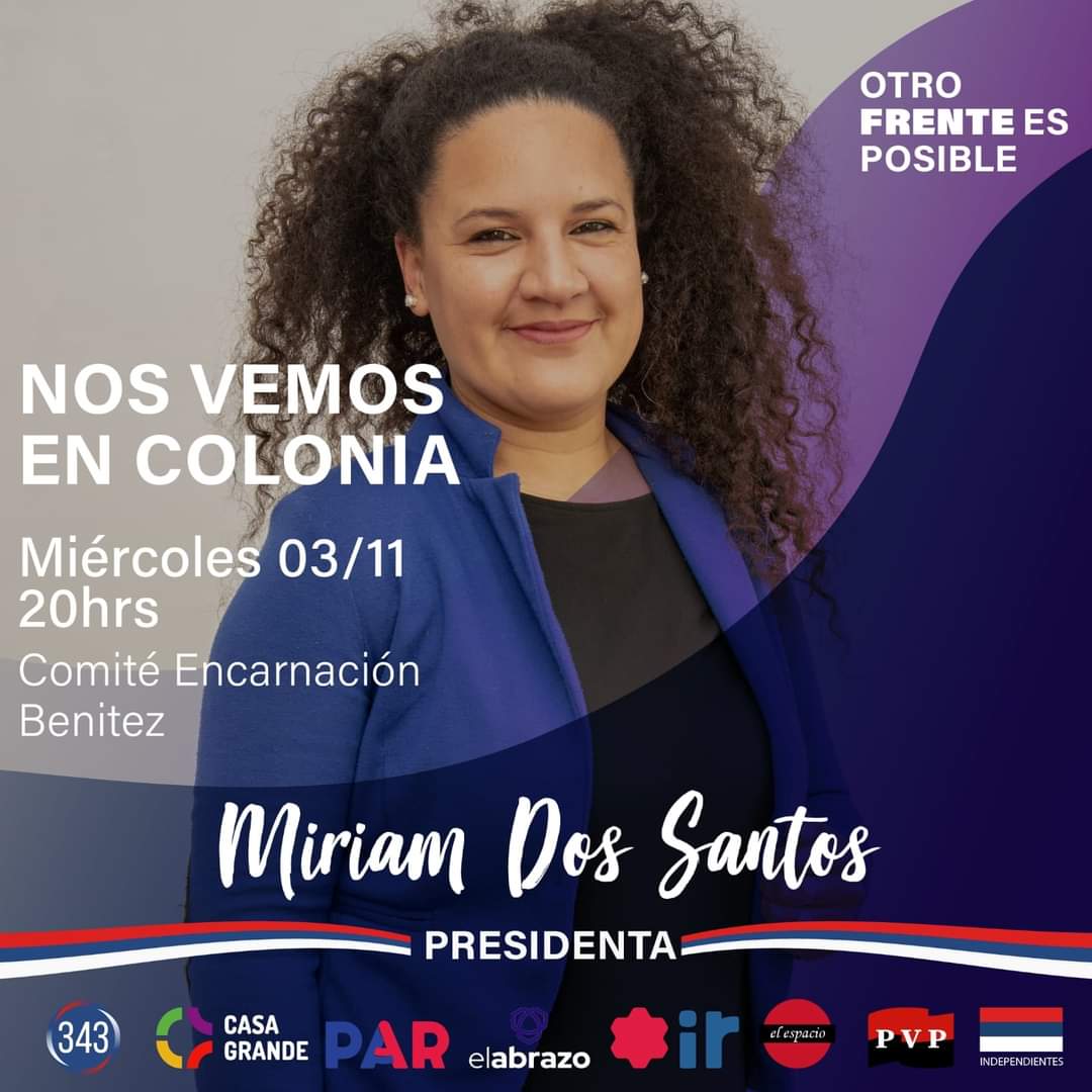 Si vivís o votás en Colonia Miriam Dos Santos, candidata a la presidencia departamental del <a href="/Frente_Amplio/">Frente Amplio</a> Colonia, te espera mañana para recibir tu aporte, pero sobre todo para darle la posibilidad de conocerte y así entre todes construir el camino a seguir.
#OtroFrenteEsPosible