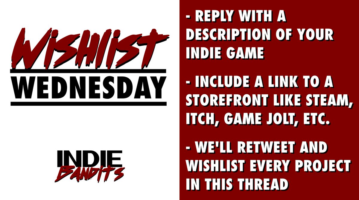 IndieBandits's tweet photo. ⚠ It's #WishlistWednesday and we need to see your games! ⚠

1️⃣ Share your #indiegame. 👇
2️⃣ Retweet this thread to help others find it. 🔃
3️⃣ Wishlist and share the #indiegames you discover in the replies. ♥

#CelebrateIndies #gamedev #IndieWishlistWednesday https://t.co/d9GvFMJEM8