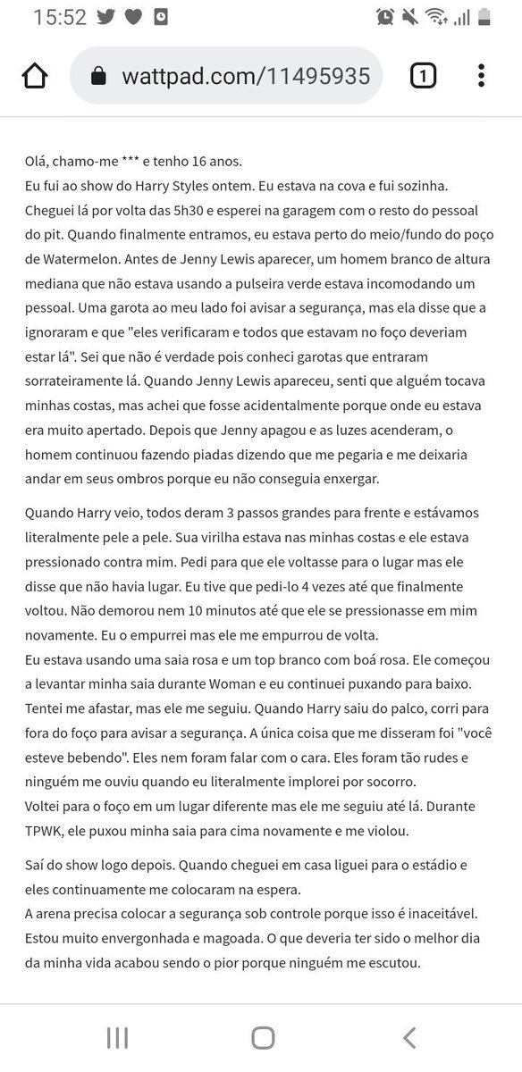 lwtflowershe's tweet photo. uma garota foi ESTRUPADA durante um show do harry, por favor não ignorem isso, ninguém merece passar pelo oq ela passou, era pra ser o melhor dia da vida dela mas acabou se tornando em um pesadelo, ajudem a dar voz a ela!!!

#justiceforClaire 
#HarryStyles https://t.co/bUI4PQFFZg