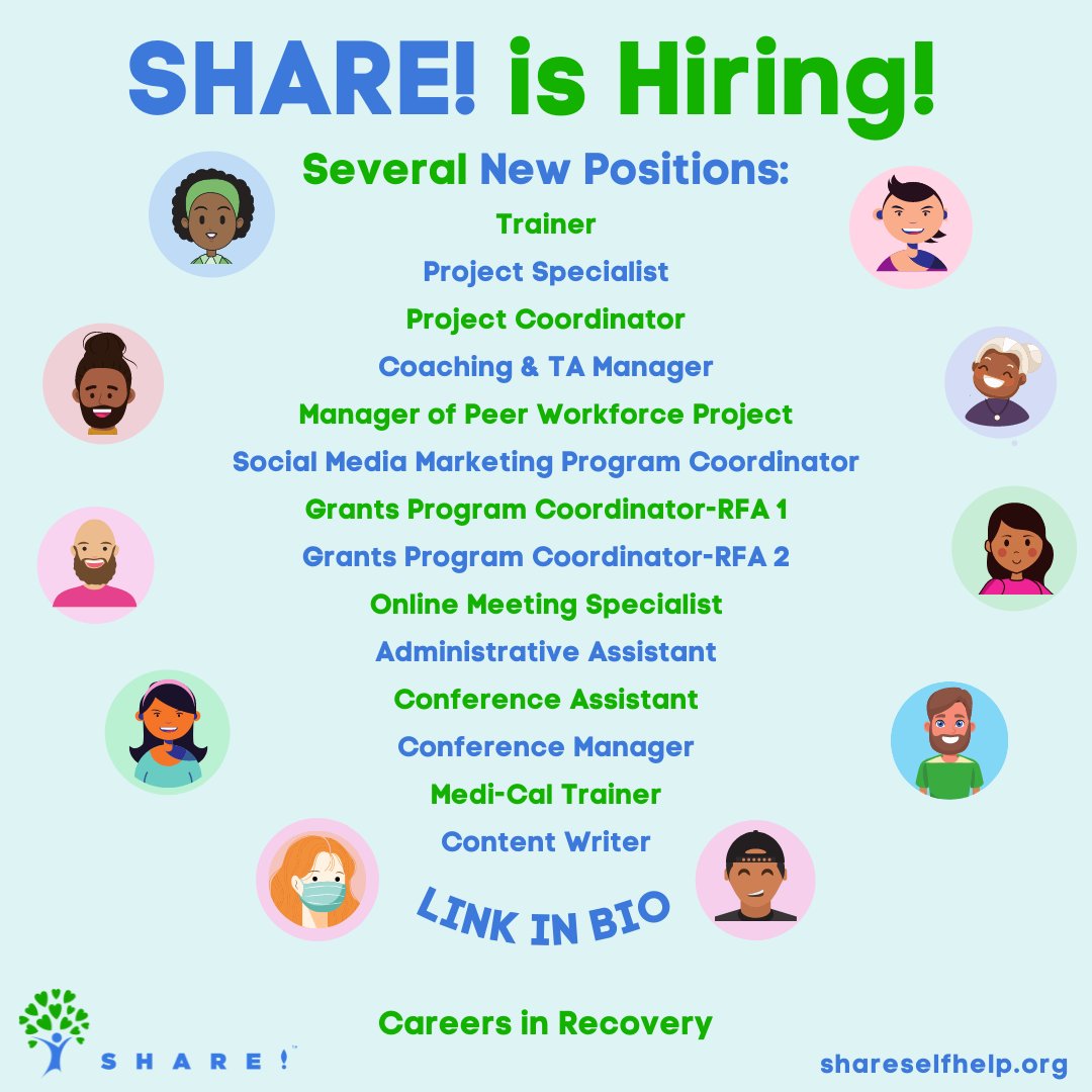 shareselfhelp's tweet photo. NEW Open Positions at SHARE! in #LosAngeles❗
Visit the Careers page at https://t.co/2ieajm7WSZ
➡️ https://t.co/I2Yjwwjzcx
#SHAREselfhelp #supportgroup #supportgroups #recovery #mentalhealth #addiction #hiring #peerrun #peersupport #peerspecialist #soberlife #12step #hiring https://t.co/mWtld5rlFp