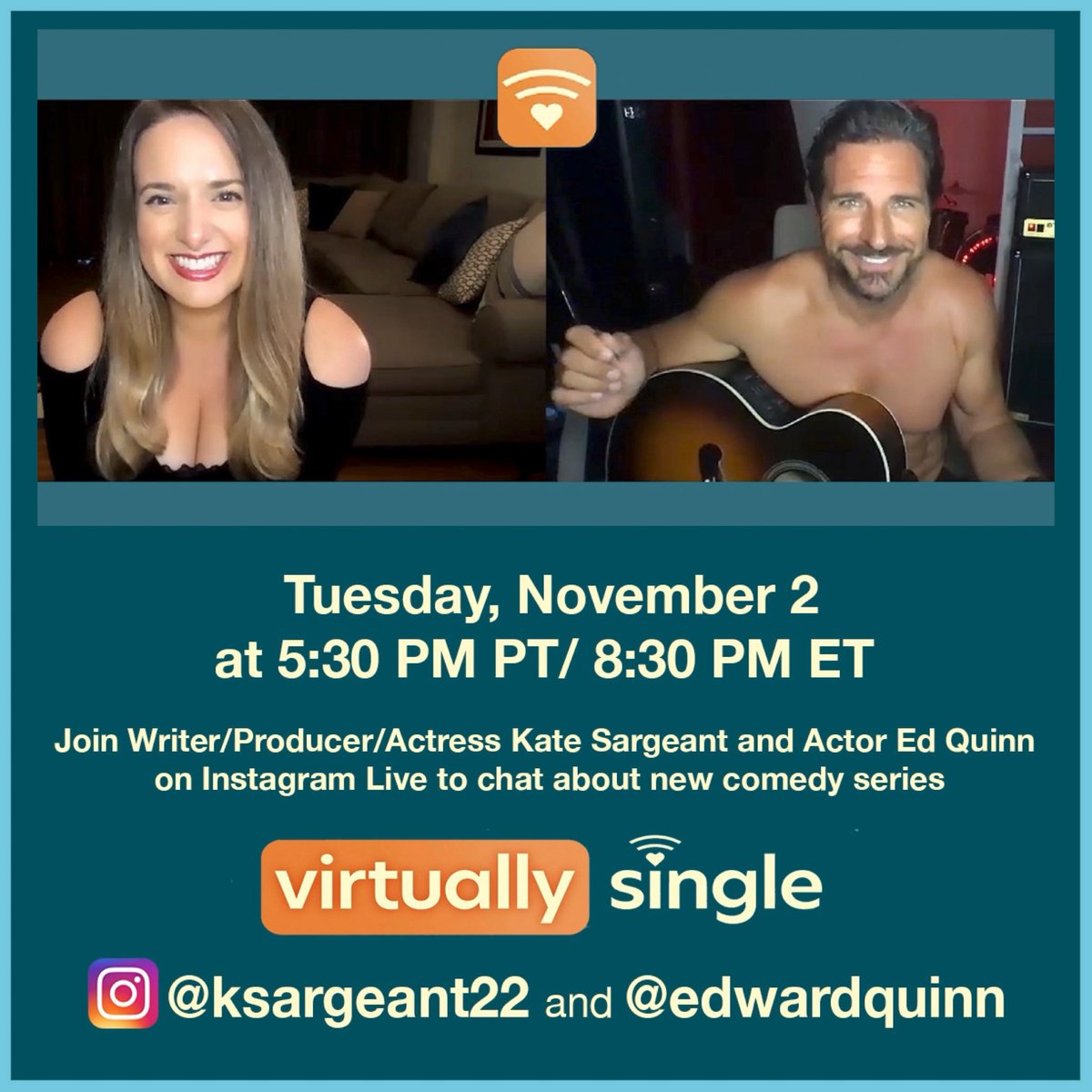 KateSargeant22's tweet photo. Going live with @EdwardQuinn on Instagram tonight at 5:30 PT/8:30pm ET. He might be shirtless. Come join us! Follow me at @ksargeant22 to watch the hilarious chaos that will ensue #virtuallysingle https://t.co/N446Wuakfi