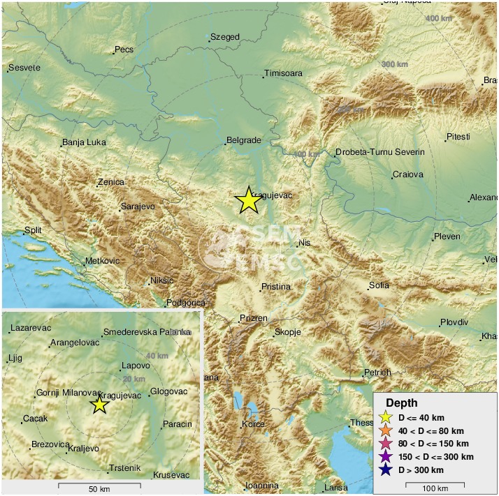 LastQuake's tweet photo. Felt #earthquake (#земљотрес) M4.4 strikes 4 km SE of #Kragujevac (#Serbia) 4 min ago. Please report to: https://t.co/2erxHeJENq https://t.co/JwojaWXgqs