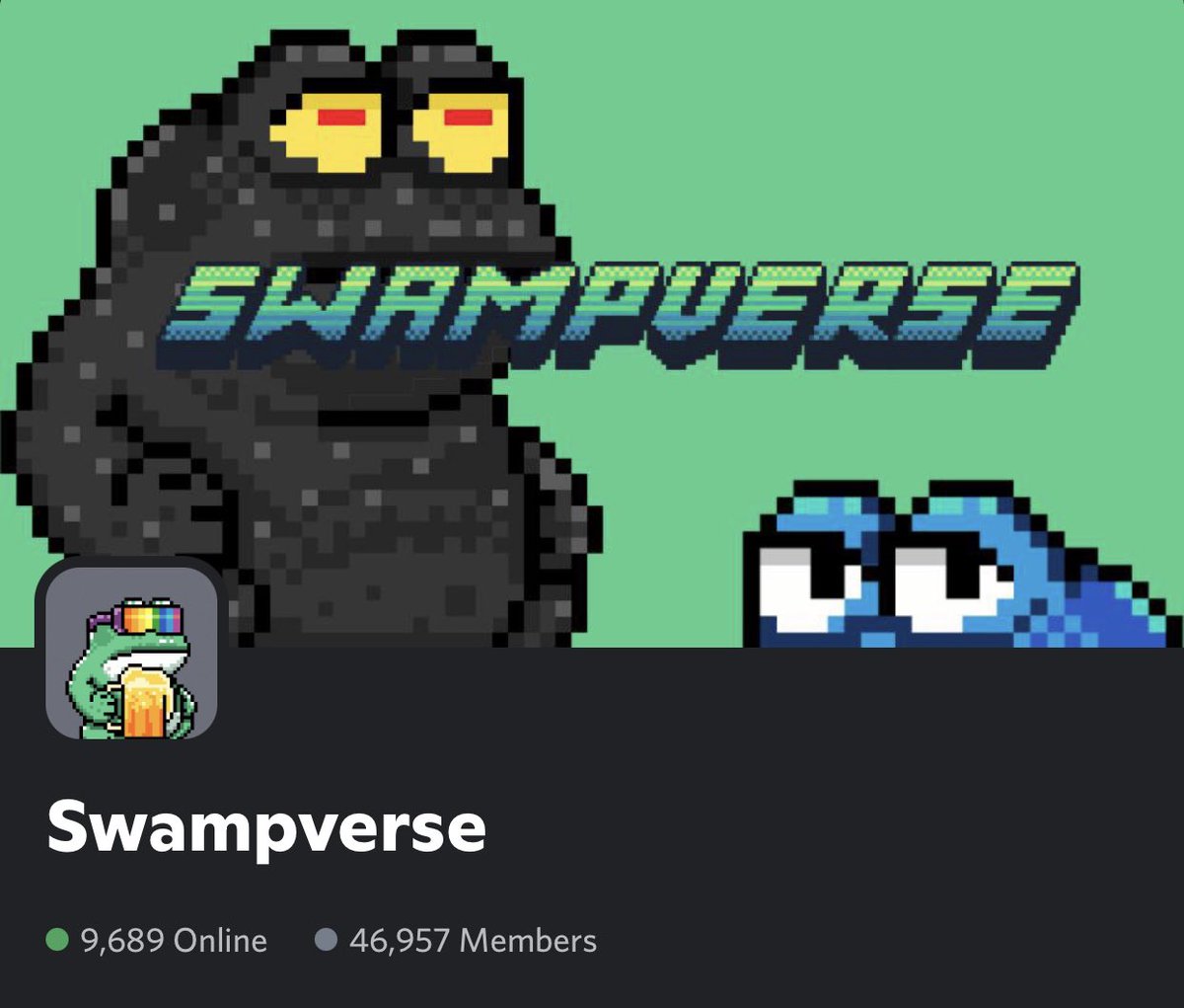 Just did a bot purge, 30k kicked and banned. We are here for the NFT community and committed to being transparent. 

10k+ online constantly &amp; 47k verified members in 1 week. No website or swampmap. 💚 

BTW Quiz in discord @ 8PM EST for a couple whitelist spots. ribbit