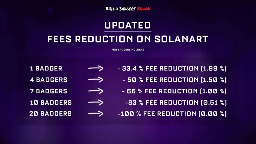SolanartNFT's tweet photo. You asked, we listened 🥳
Thanks to @CryptoBroJoe we analyzed the behaviour of our users to determine a more suitable reduction:
You can get 1.99% fees on #Solanart with 1 staked Badger (up to 0% fees for 20 Badgers) and staking is reduced to 15 days 👀
A way to be even bolder 🦡 https://t.co/6QXrOo8gvG
