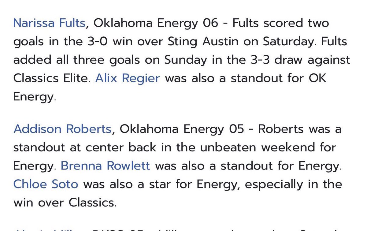 Thanks for the mention <a href="/TopDrawerSoccer/">TopDrawerSoccer</a>!! Our backline was on fire and it definitely takes TEAM effort. Congrats to my teammates <a href="/brenna_rowlett/">brenna rowlett</a> and <a href="/soto_chloe/">Chloe Soto</a> and the <a href="/oefc06girlsecnl/">OEFC 06 Girls ECNL</a> girls💙⚽️<a href="/oefc05girlsecnl/">OEFC 04/05 Girls ECNL</a> <a href="/OEFCGirlsECNL/">Oklahoma Energy FC Girls ECNL</a> #oefcproud