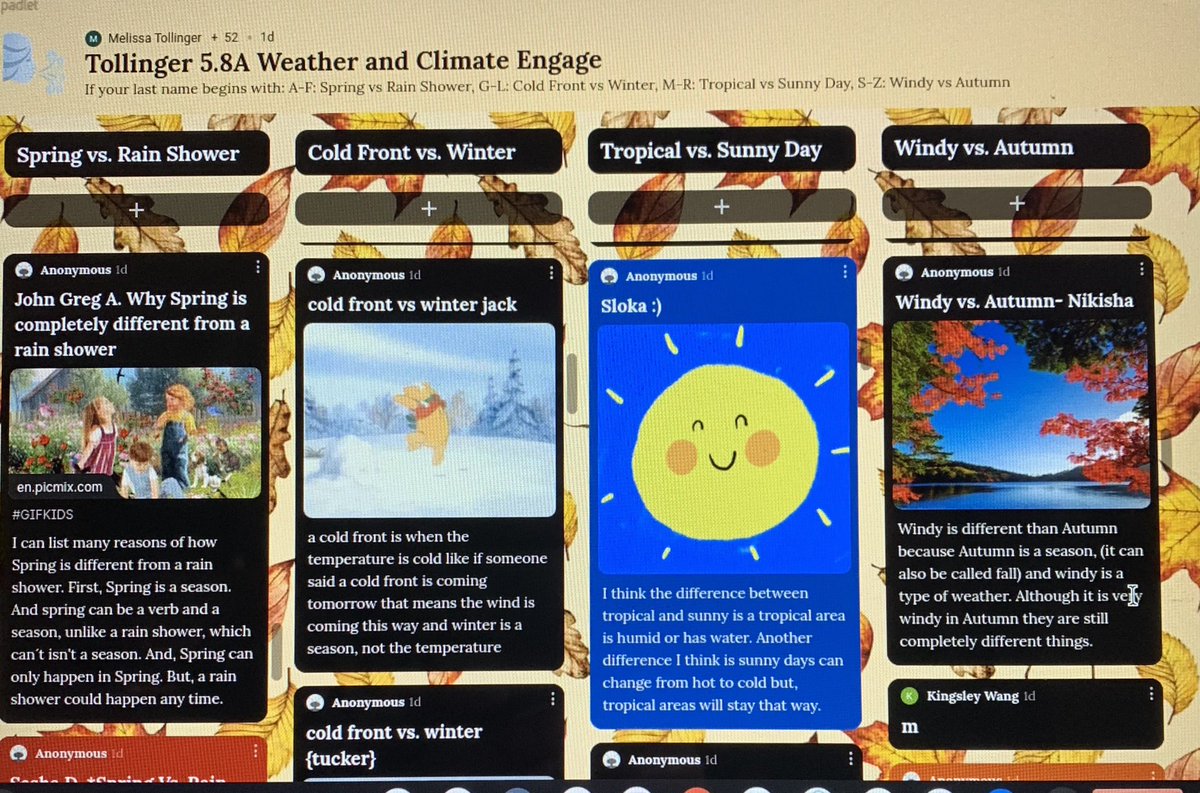 TollingerT's tweet image. Our 5th grade scientists love our weather &amp;amp; climate unit! Students used @padlet to comment on unit vocabulary and did a compare/contrast with maps to determine which one was weather and which one was climate.☀️🌩☔️ @RiddleElem @mcleodl @friscoisd #FISDElemSci #inquirylearning