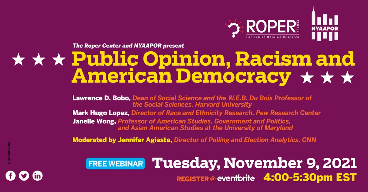 NYAAPOR (@nyaapor) on Twitter photo Join us next Tuesday, November 9th.
<a href="/RoperCenter/">Roper Center for Public Opinion Research</a> and <a href="/NYAAPOR/">NYAAPOR</a> present: "Public Opinion, Racism & American Democracy." Featuring Lawrence D. Bobo of <a href="/Harvard/">Harvard University</a>, <a href="/mhugolopez/">Mark Hugo Lopez</a> and <a href="/ProfJanelleWong/">Janelle S. Wong janellewong.bsky.social</a>. Moderated by <a href="/jennagiesta/">Jennifer Agiesta</a>.
Free registration at: nyaapor.org Join us next Tuesday, November 9th.
<a href="/RoperCenter/">Roper Center for Public Opinion Research</a> and <a href="/NYAAPOR/">NYAAPOR</a> present: "Public Opinion, Racism & American Democracy." Featuring Lawrence D. Bobo of <a href="/Harvard/">Harvard University</a>, <a href="/mhugolopez/">Mark Hugo Lopez</a> and <a href="/ProfJanelleWong/">Janelle S. Wong janellewong.bsky.social</a>. Moderated by <a href="/jennagiesta/">Jennifer Agiesta</a>.
Free registration at: nyaapor.org