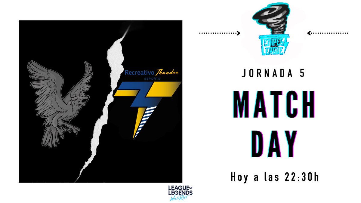 RavenWolfeSport's tweet photo. #MatchDay | #WildRift 

[🏆] Jornada 5 de @league_tempest

[🆚] @RecreThunder 
 
[🗓️] Hoy a las 22:30h

#HuntingNight

PD: Por el disban del segundo roster se aplazó la jornada 5 y la jugamos ahora en la 6. https://t.co/fQoBaMDhom