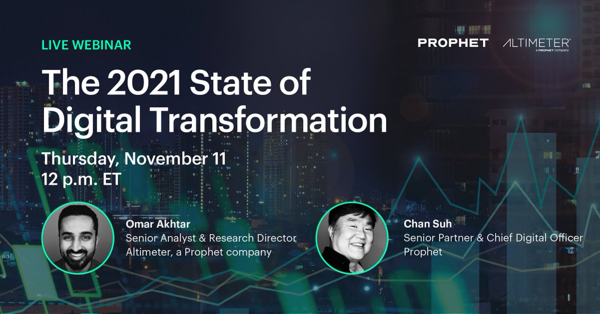 prophetstrategy's tweet photo. What is the next phase of #digital and what steps should you be taking to accelerate your transformation? Learn the answer to questions like this in our upcoming webinar featuring @chansuh and @altimetergroup's @obakhtar. https://t.co/319PfBS5JG
#digitaltransformation https://t.co/bayV6FLjLH