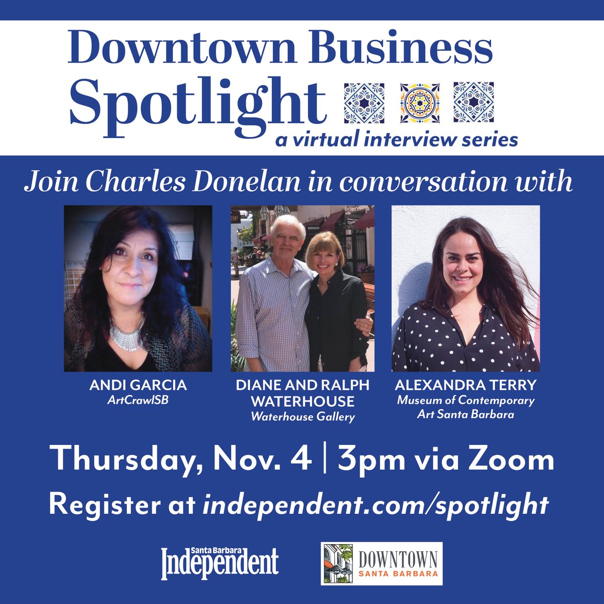 MCASantaBarbara's tweet photo. Tune in on Thursday 11/4 @ 3pm PST for an episode of Downtown Business Spotlight @downtownsantabarbara featuring Alexandra Terry, MCASB Chief Curator, Diane &amp; Ralph Waterhouse, &amp; Andi Garcia. Moderated by Charles Donelan @sbindependent. Register now: https://t.co/nxvKUfC72k https://t.co/SlEgAx41yk