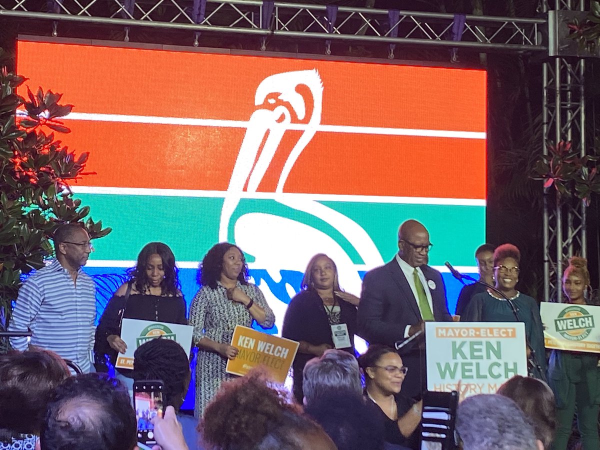 SarahHollenbeck's tweet photo. “This is what @StPeteFL looks like, this is what unity looks like and this is what progress looks like,” @Kenwelch tells supporters upon winning the mayor’s role. He becomes the first black mayor in 118 years in #StPete. #TampaBay #Elections https://t.co/SkVwYRMkj3