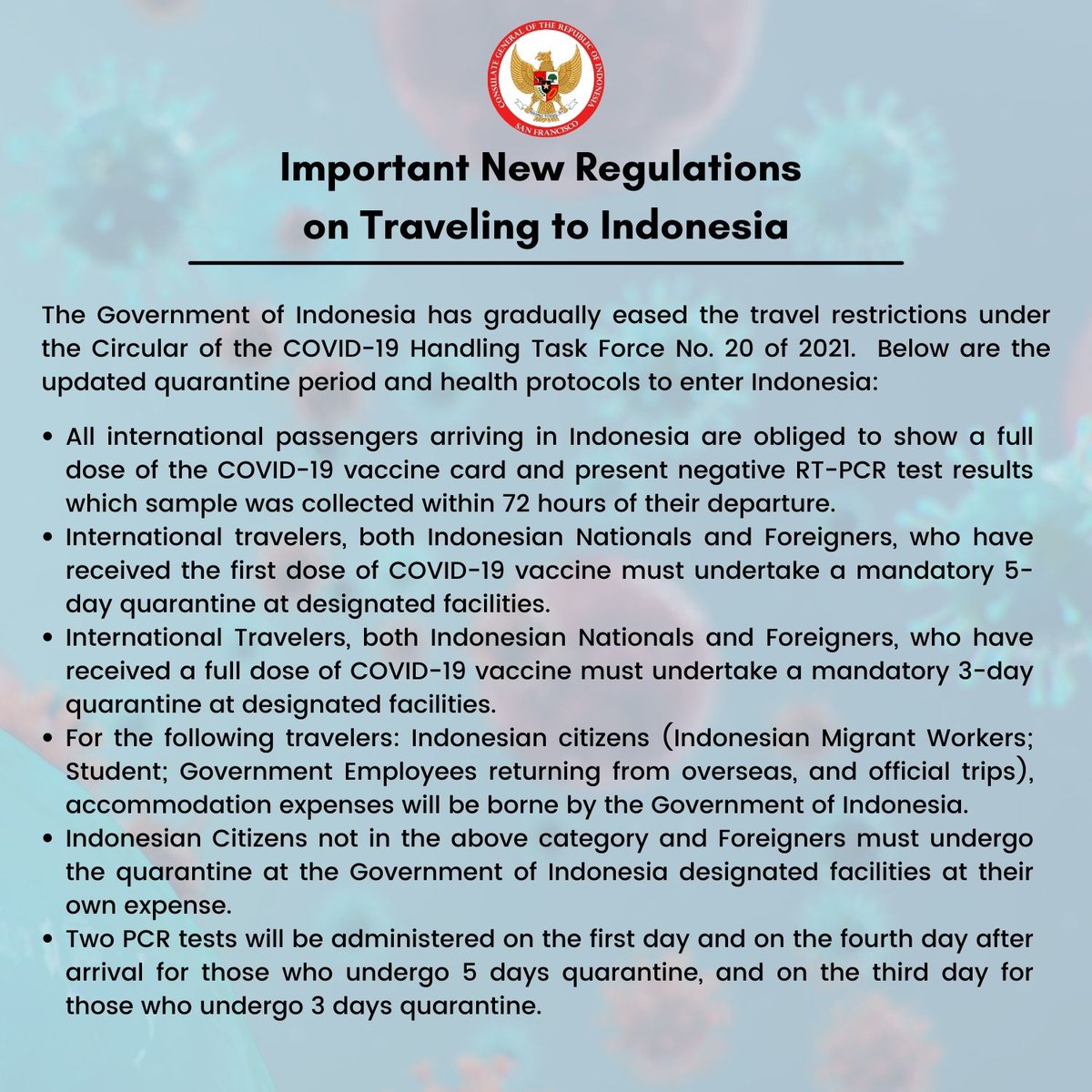 Indonesiainsf's tweet image. Important Announcement! Updated Regulations on Traveling to Indonesia under the Circular of the COVID-19 Handling Task Force No. 20 of 2021 on quarantine period and health protocols.

#COVID19Protocols #IndonesianWay