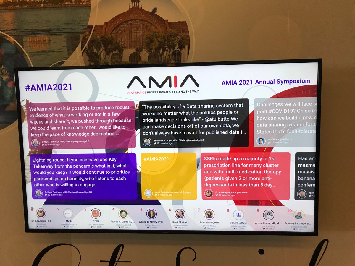 AndrewZimolzak's tweet photo. Confession: My next goal for #amia2021 is to have a tweet of mine show up on this monitor.

...then I will tweet a picture of my tweet on the monitor, in the hopes that the 2nd tweet also shows up on the monitor. #tooMeta https://t.co/9BsgyKFL2F