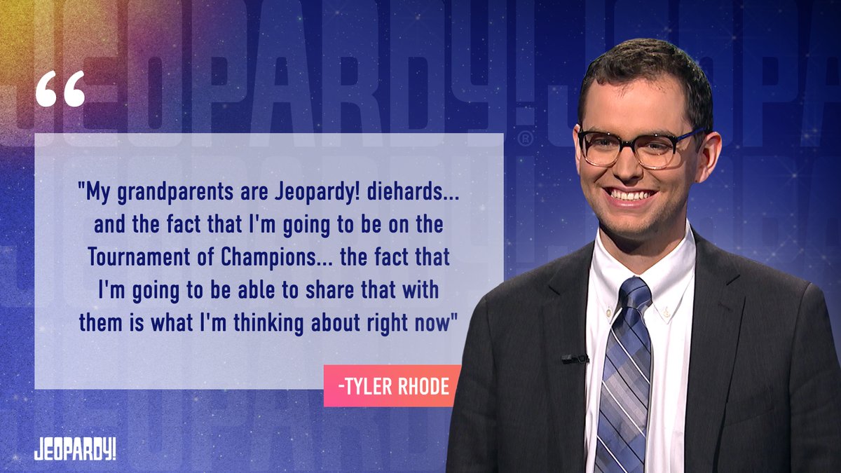 Jeopardy's tweet photo. Tyler Rhode’s 5th win means he’s headed to the next Tournament of Champions! We bet his grandparents will be so excited! 

https://t.co/fVZpPFhsgG https://t.co/OiBlALOQXb