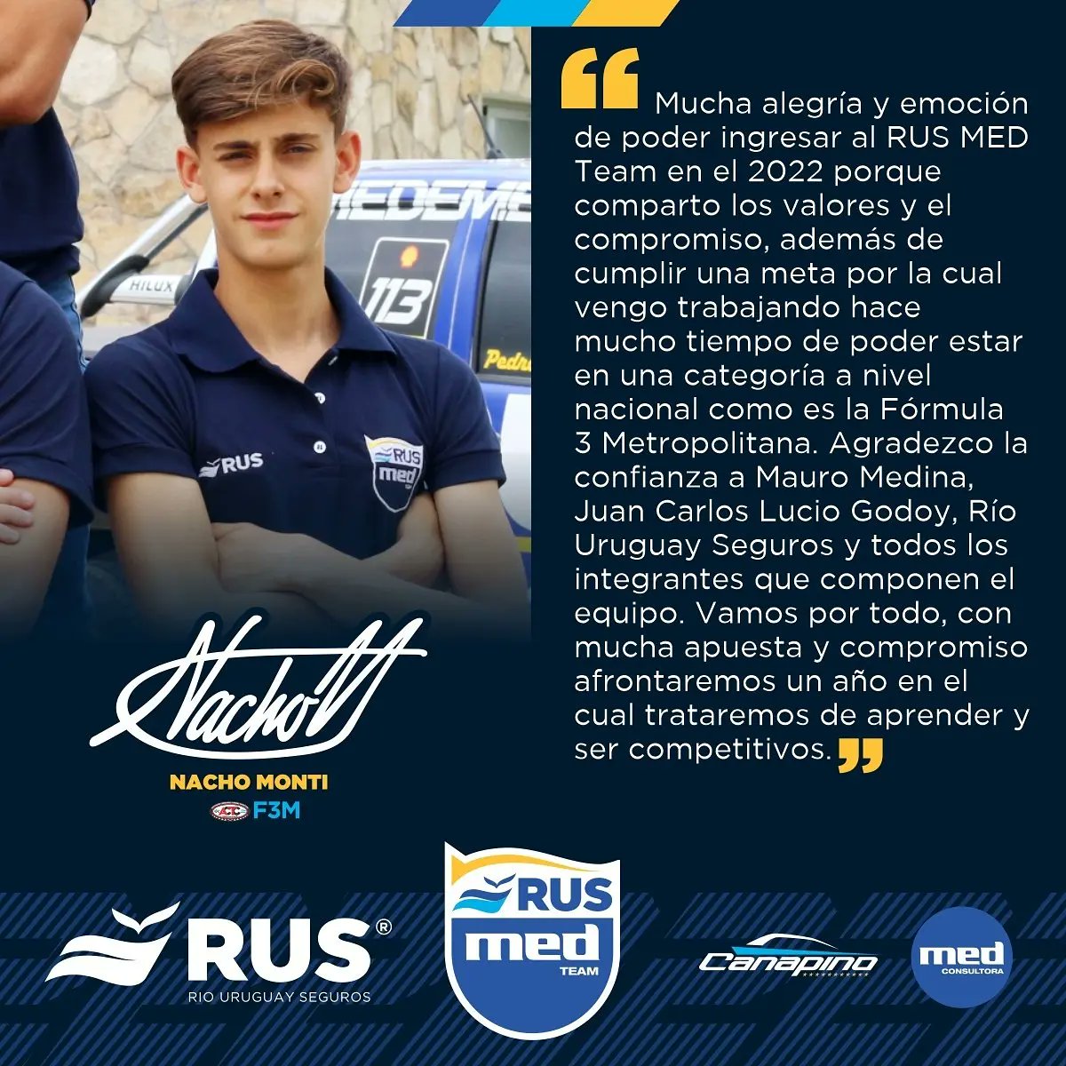 Rus Med Team (@rusmedteam) on Twitter photo ▶️ Les presentamos a los chicos que representarán al @rusmedteam en la <a href="/Formula3Metro/">Formula3Metropolitana</a>
✅ <a href="/MaxiVivot/">Maxi Vivot</a>
✅ <a href="/biagisantiago1/">biagisantiago</a>
✅ <a href="/jguiffrey6/">Juan Guiffrey</a>
✅ #NachoMonti
¡Bienvenidos! 🙌🙌
💙 #MasQueUnEquipo
<a href="/consultoramed/">Consultora Med</a>
<a href="/mauromedina74/">Mauro Medina</a>
<a href="/GCruzzetti/">Guillermo Cruzzetti</a>
<a href="/ruseguros/">ruseguros</a>
<a href="/RUSDeportes/">RUS Deportes</a>
<a href="/AgroSprayAR/">AgroSpray</a> ▶️ Les presentamos a los chicos que representarán al @rusmedteam en la <a href="/Formula3Metro/">Formula3Metropolitana</a>
✅ <a href="/MaxiVivot/">Maxi Vivot</a>
✅ <a href="/biagisantiago1/">biagisantiago</a>
✅ <a href="/jguiffrey6/">Juan Guiffrey</a>
✅ #NachoMonti
¡Bienvenidos! 🙌🙌
💙 #MasQueUnEquipo
<a href="/consultoramed/">Consultora Med</a>
<a href="/mauromedina74/">Mauro Medina</a>
<a href="/GCruzzetti/">Guillermo Cruzzetti</a>
<a href="/ruseguros/">ruseguros</a>
<a href="/RUSDeportes/">RUS Deportes</a>
<a href="/AgroSprayAR/">AgroSpray</a>