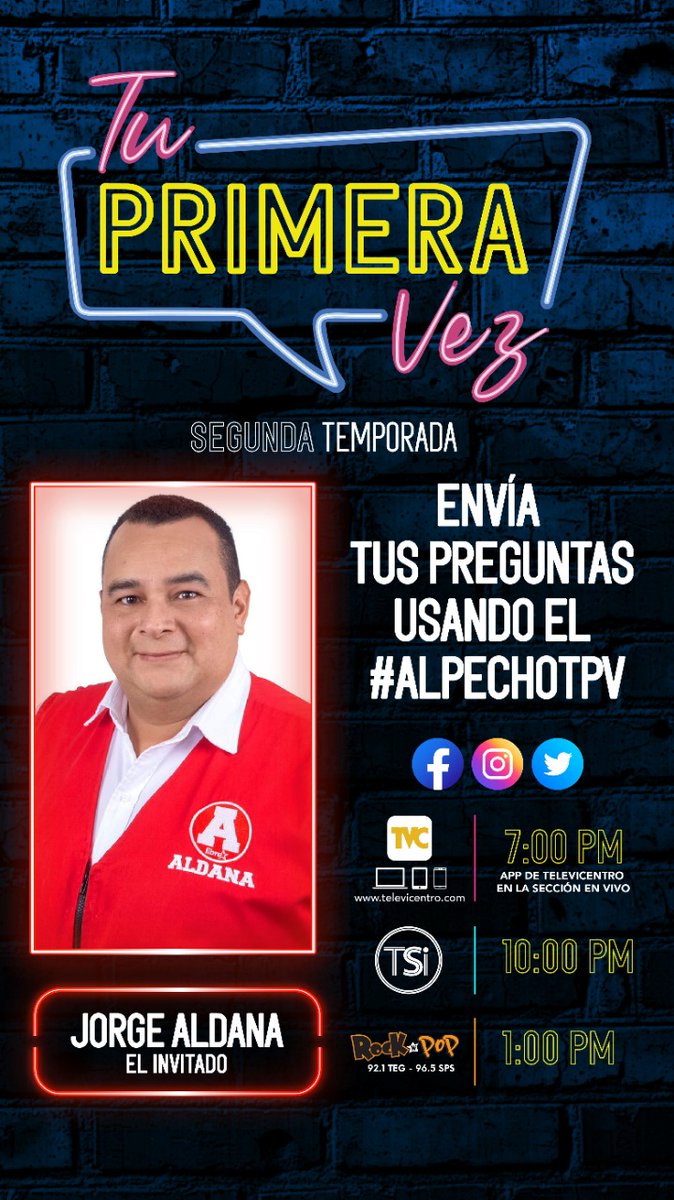 TSiHonduras's tweet photo. Envía tus preguntas al invitado de esta noche en #TuPrimeraVez Jorge Aldana, candidato a la alcaldía del Distrito Central usando #ALPECHOTPV ¡Te esperamos! En la App de @televicentro_hn 📲 7:00 p.m.
@tsihonduras 📺 10:00 p.m.
@rocknpophn 📻 1:00 p.m #YoVotoEnPazHn 🕊 🗳. https://t.co/hKnM0oUuAf
