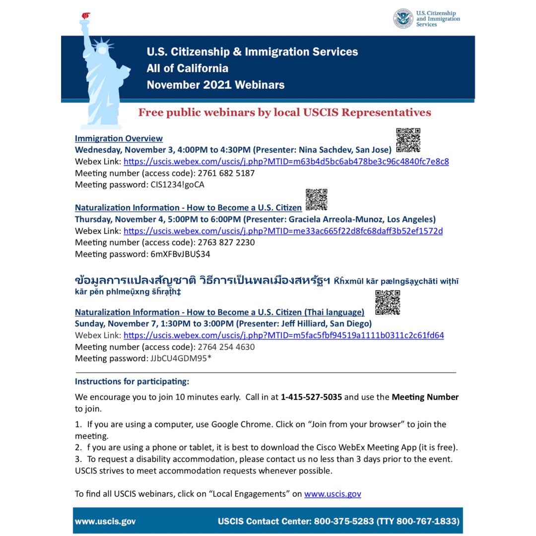 usilg's tweet photo. Through the month of November, @USCIS is hosting free public webinars on a number of different immigration topics in various languages! The first one is tomorrow, Nov. 3, 2021 at 4:00PM PST https://t.co/tdvfVA2SO6