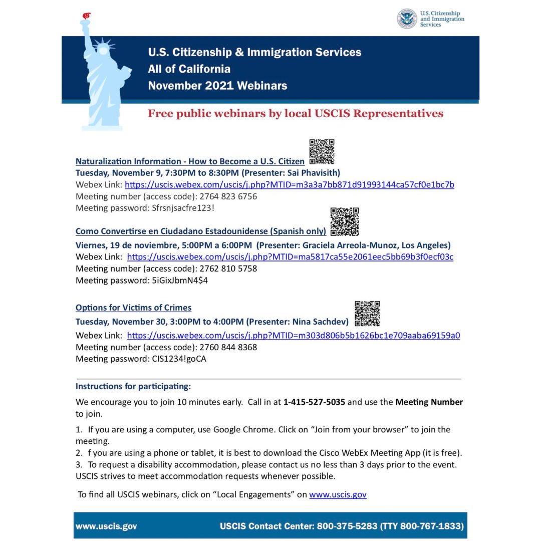 usilg's tweet photo. Through the month of November, @USCIS is hosting free public webinars on a number of different immigration topics in various languages! The first one is tomorrow, Nov. 3, 2021 at 4:00PM PST https://t.co/tdvfVA2SO6