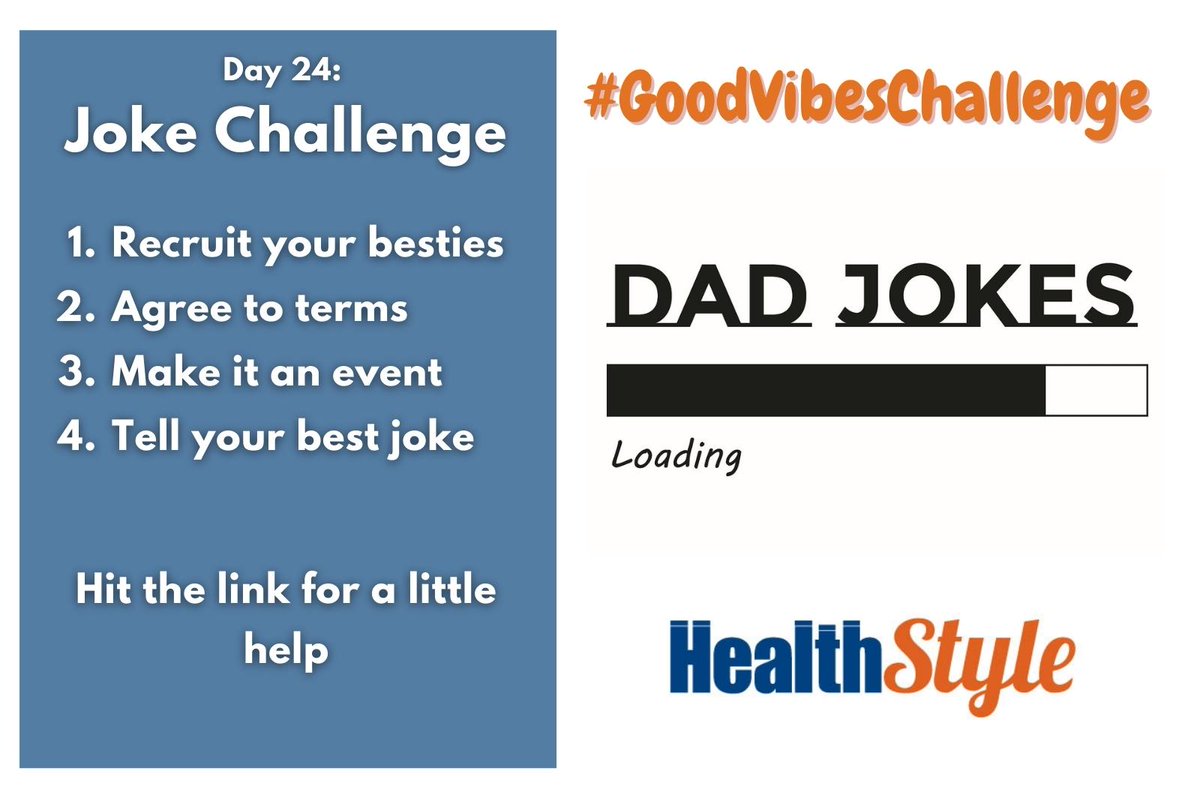 HealthStyleOz's tweet photo. #GoodVibesChallenge: Day 24. #Joke Challenge

Today's challenge is simple - who has the best joke

Hit the link for how 

https://t.co/7BpXQfACr0

#GoodVibesOnly #laugh #smile #giggle #humour #connect  #happy https://t.co/bbPQXAkoOb