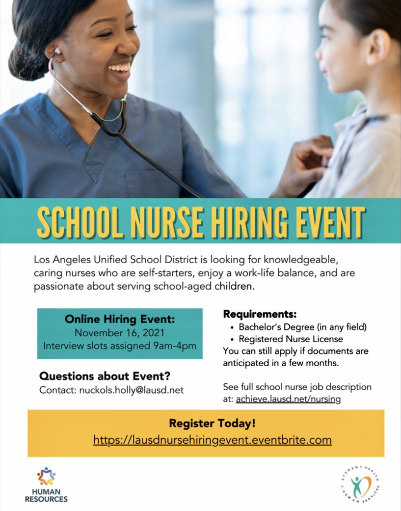 LAUSDHR's tweet photo. The Los Angeles Unified School District is hosting a School Nurse hiring event on Tuesday, November 16th. 

Register at:

https://t.co/QCogAKsC3A

#nurses  #lausd #lausdhr  #lausdcareers #studenthealth #rn #nursingcareers #nursingjobs #nursing #bsn https://t.co/2gq39W5d3n