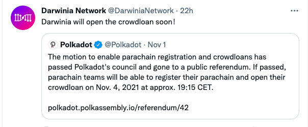 Evolutionlandes's tweet photo. Darwinia abrirá su crowdloan para el PARACHAIN DE POLKADOT MUY PRONTO!!

@DarwiniaNetwork PARTICIPARÁ EN LOS PARACHAINS DE POLKADOT!

APOYA A #DARWINIANETOWRK A HACERSE CON UN SLOT!

#darwinianetwork
#ring
#kton
#stake https://t.co/xMurYTQSzO