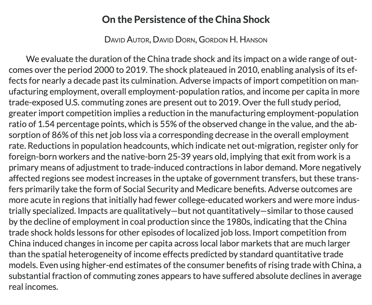 On the Persistence of the China Shock

David Autor (@davidautor), David Dorn, Gordon H. Hanson

https://t.co/xIuLr8Sx7K https://t.co/pFKkyc2RZH