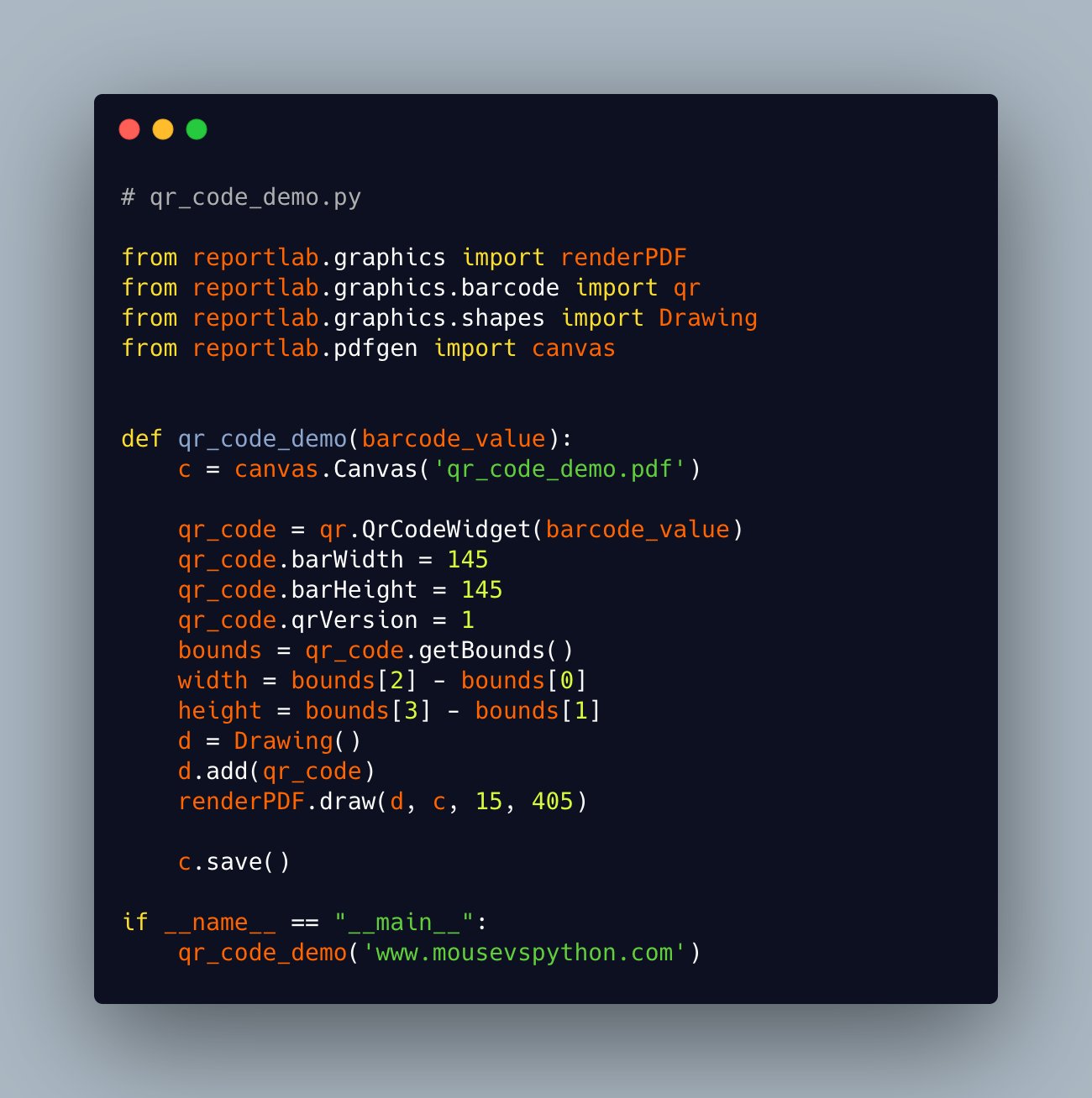 Mike Driscoll on Twitter: "Earlier today, I showed you how to create a QR  code using the qrcode package in #Python. ReportLab has QR support  built-in, so you can add QR codes