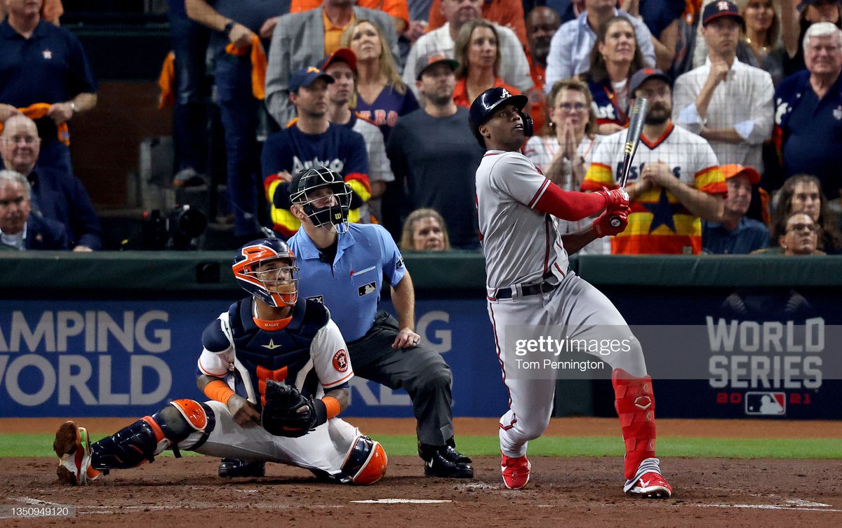 Jorge #Soler draws first blood with a three-run home run to put the Atlanta @Braves up 3-0 over the Houston @astros in the third inning of Game Six of the #WorldSeries at Minute Maid Park in Houston. 📷: @penningtonphoto
