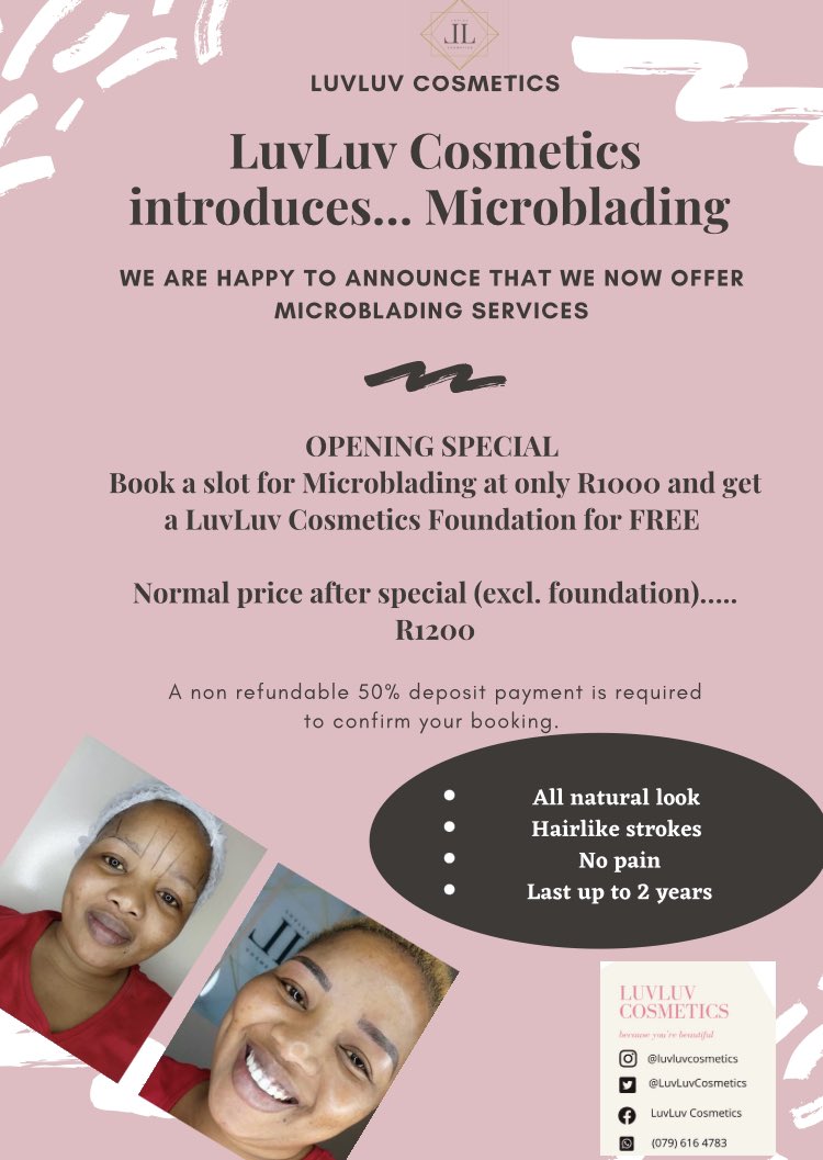 LuvLuvCosmetics's tweet photo. LuvLuv Cosmetics now offers Microblading services, and we have an opening special just for you!
When you book for Microblading services for only R1 000, you get a FREE LuvLuv Cosmetics Foundation. 
Book your slots now 🤩.
#microblading #MUA #makeupservices #vaal #luvluvcosmetics https://t.co/YsWgdP3tDf