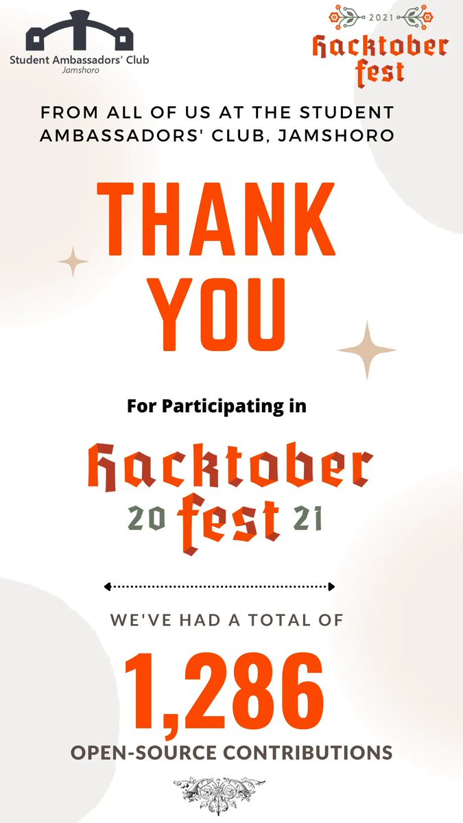 SACJamshoro's tweet photo. Team SAC this time again is so impressive and amazed to Congratulate and thank every hacker who participated in the thrilled, fruitful, and fun-filled "HacktoberFest 2021”. 
 
#sacjamshoro #foss #hacktoberfest2021 #Hacktoberfest #mlsa #october #github #opensource @IamPablo https://t.co/PdszekpkSU