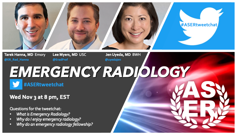 #ASERtweetchat TONIGHT 8pm EST <a href="/AaronSodickson/">Aaron Sodickson MD, PhD, FASER</a> <a href="/fhberger/">Ferco Berger, MD</a> <a href="/rayosxdoc/">Jamlik-Omari Johnson MD FASER</a> @SeanKJohnstonM1 <a href="/rlevenso/">Robin Levenson, MD, FASER</a> <a href="/robinsonERad/">Jeffrey Robinson, MD MBA FACR</a> <a href="/scbyrne2/">Suzanne Byrne</a> @slkaplanmd <a href="/TraumaRad/">Clint Sliker, MD, FACR, FASER</a> <a href="/Radiology911/">Scott D. Steenburg, MD, FASER</a> <a href="/jlee_jimmy/">Jimmy Lee</a> @mikeraquino <a href="/AngeliAgrawal/">Angeli Agrawal</a> <a href="/FelipeMunera14/">Felipe Munera</a> <a href="/fabiompaes/">Fabio Paes MD MBA</a> <a href="/ER_Rad_Hanna/">Tarek Hanna, MD</a> <a href="/CLebedis/">Christina LeBedis, MD MS</a> <a href="/MarkBernsteinMD/">Mark Bernstein, MD, FASER 🇨🇦🇺🇸</a> <a href="/GayatriJoshiMD/">Gayatri Joshi, MD 🩺</a>